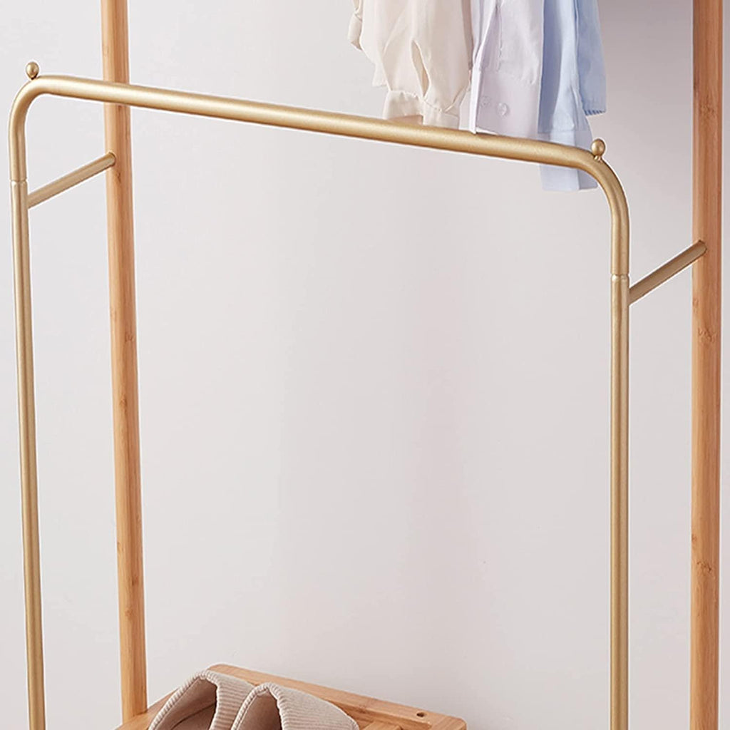 Double Rod Coat Rack Bamboo Coat Stand with Storage Basket Coat Tree Freestanding Clothes Garment Rack for Hanging Clothes