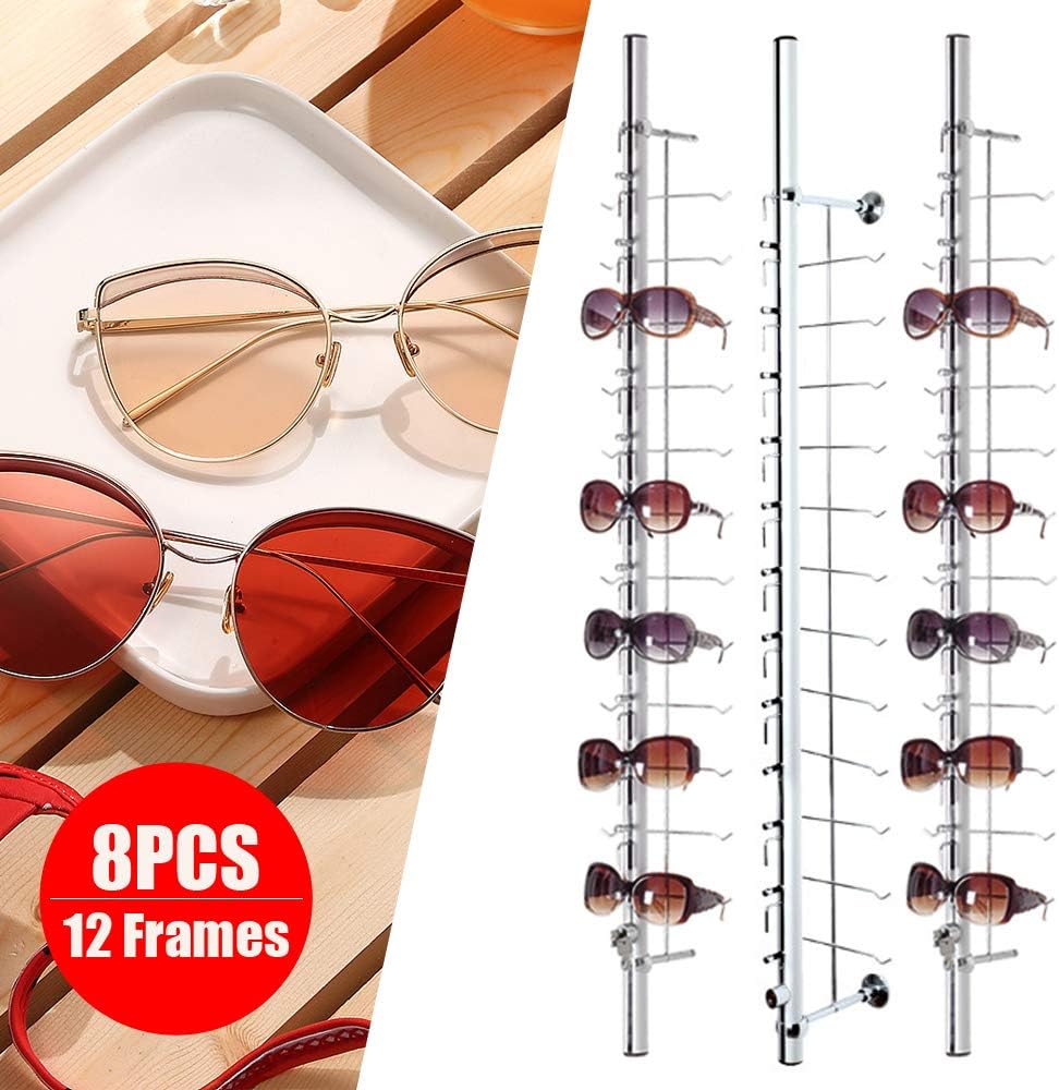 8 Pack Wall-Mounted Eyeglasses Holder Stand Aluminium Lockable Sunglasses Eyeglasses Eyewear Display Rack Rod for 12 Frames 1.1m/43.3in