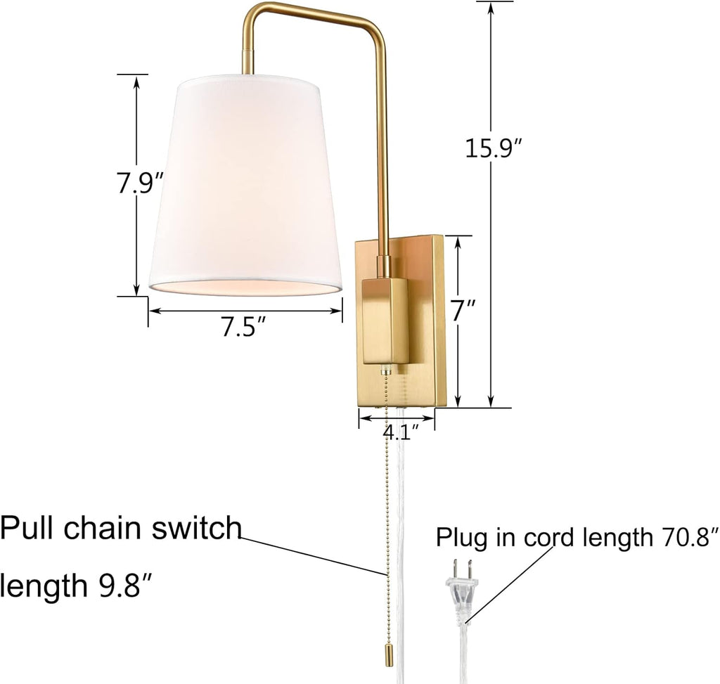Wall Sconces Set of Two, Gold Fabric Shade Wall Sconce Bedroom Plug-in Wall Lamp Set of 2