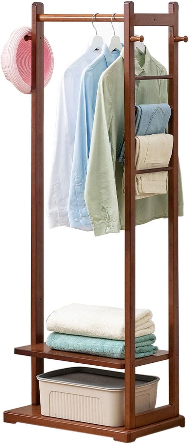 Bamboo Clothes Rack with Storage Shelves, Free-Standing Garment Hanger, Floor-Standing Clothing Organizer with Side Hooks & Pants Holder for Bedroom & Living Room