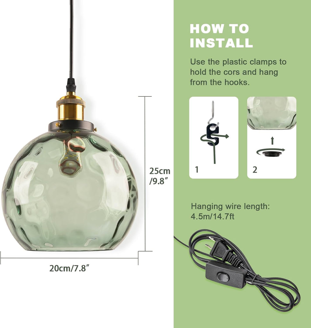 Small Plug in Pendant Light for Ceiling, Green Glass Hanging Light Shade 7.8-inch Hand Blown Mid Century Modern Chandelier for Kitchen Island Dining Room Living Room Bedroom Corner