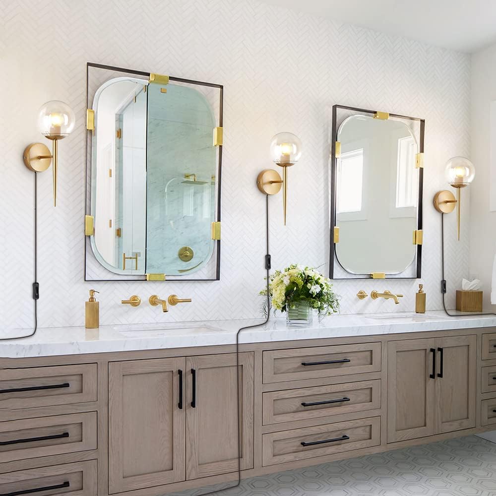 BOKT 1 Light Brushed Gold Wall Sconce Light Set of Two Plug in Cord Mid Century Modern Globe Wall Sconce Set of 2 Plug in Clear Bubble Glass Bathroom Vanity Wall Lamp Plug in (Clear)