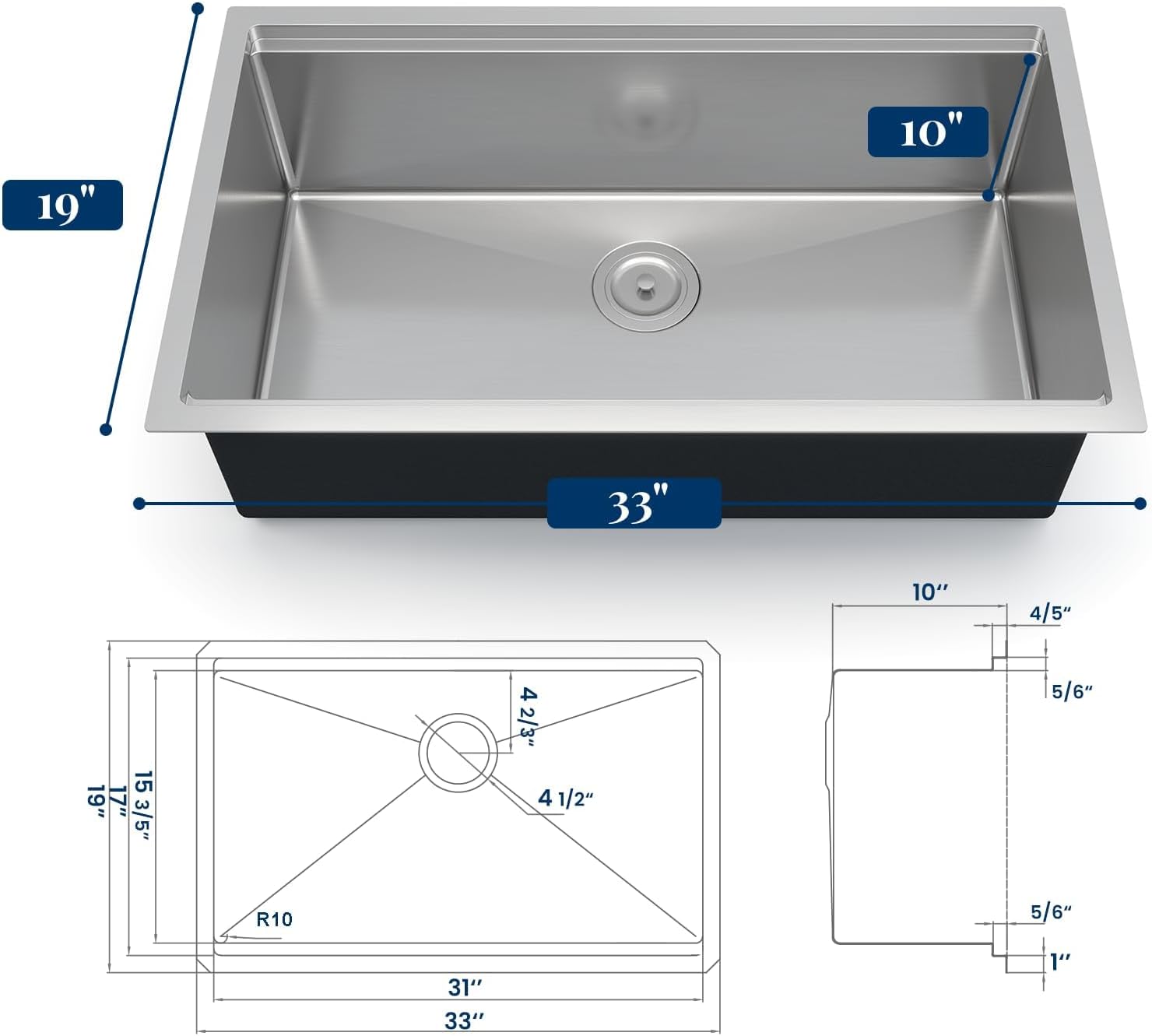 Senfot 33 Inch Undermount Kitchen Sink with Single-tier Track, Stainless Steel Single Bowl Kitchen Sink with Chopping Board, Drainer Basket, Bottom Net, Drainer, Roller Shutter