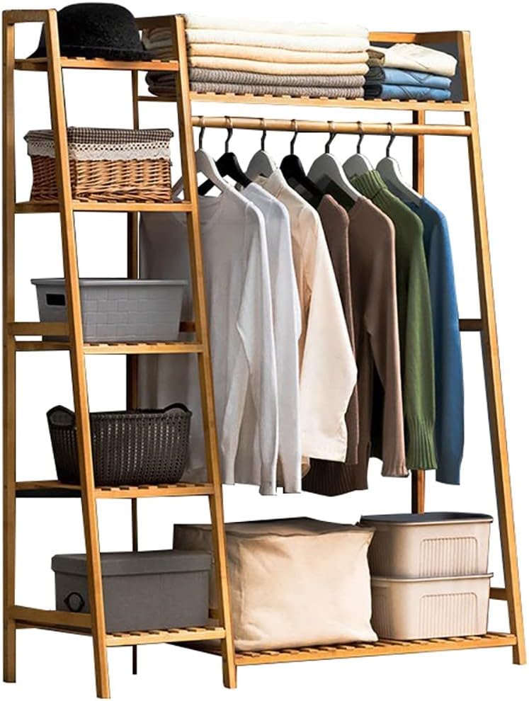 Bamboo Coat Rack, Free Standing Garment Rack, Open Wardrobe Closet with 7 Shelves and One Top Rod for Hanging Clothes Bedroom, Clothes Rails Max Load 220lbs (A 110X40X140cm)