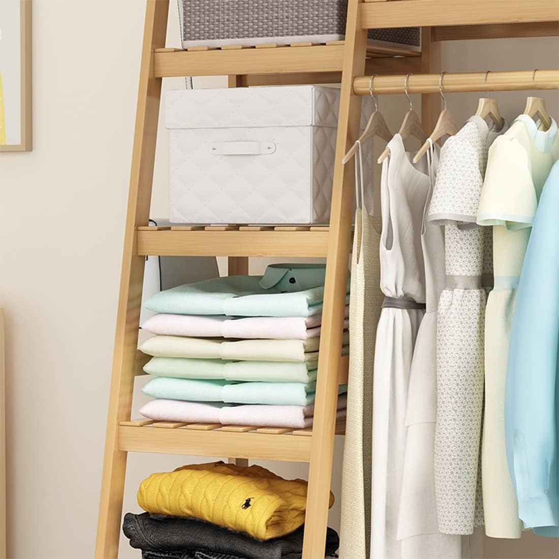 Coat Rack, Bamboo Garment Rack 5 Tier Storage Shelves Clothes Hanging Rack With 2 Side Hooks Heavy Duty Clothing Rack Portable Wardrobe Closet Organizer Space Saving