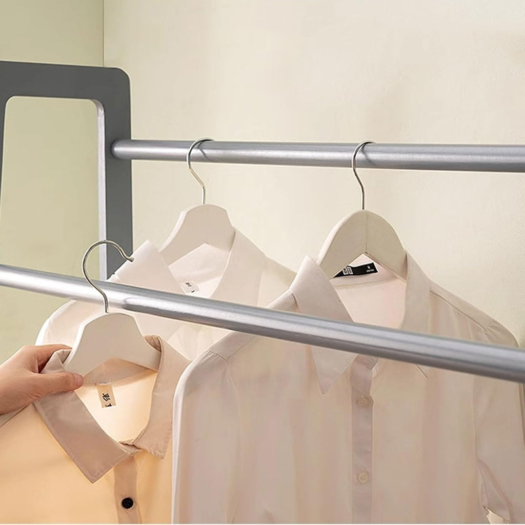 Portable Double Rod Bamboo Coat Rack, Freestanding Clothing Organizer with 2-Tier Storage Shelves, Stylish Garment Rack for Bedroom & Entryway (60cm)