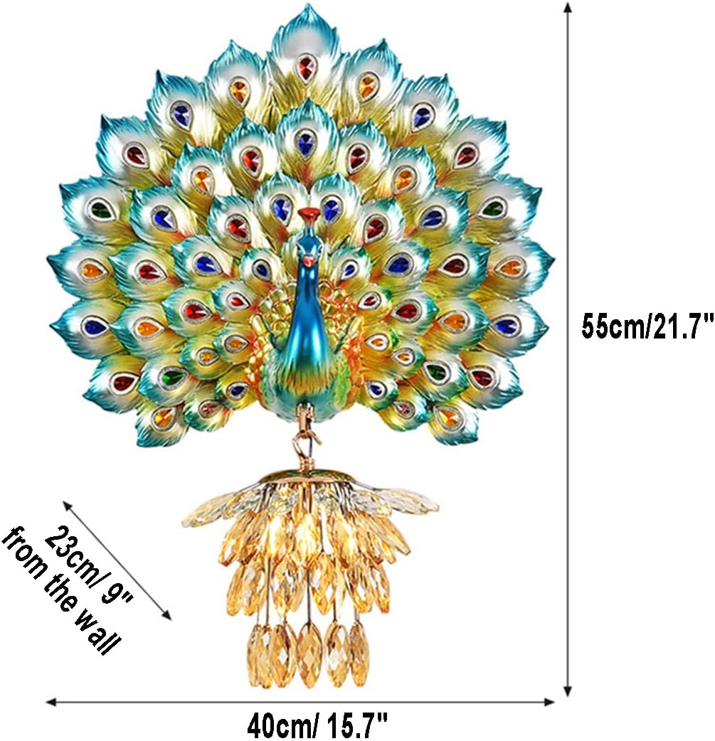 Modern Large Wall Sconce Crystal Glass Wall Mouunt Light Blue Resin Peacock Decorative Light E26 15.7' Wall Light Fixture for Bedroom Living Room Dining Room Hallway