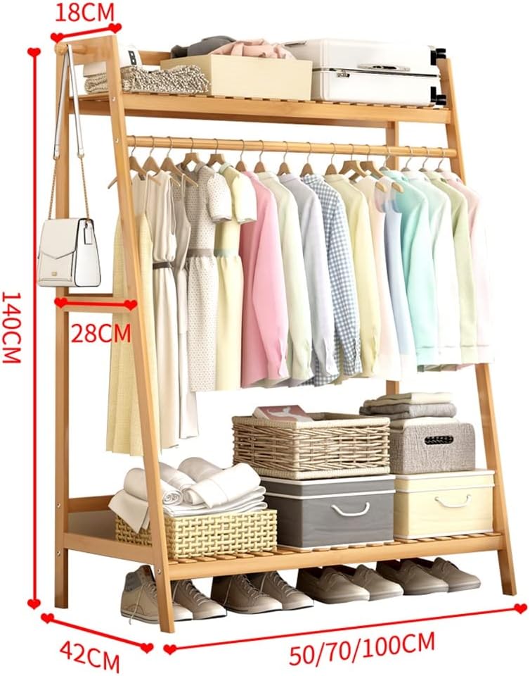 Coat Rack, Clothing Rack Small Clothes Rack With 2 Shelf Freestanding Bamboo Garment Rack Easy To Assemble Clothes Hanging Rack With Side Hooks Hold Up To 80kg