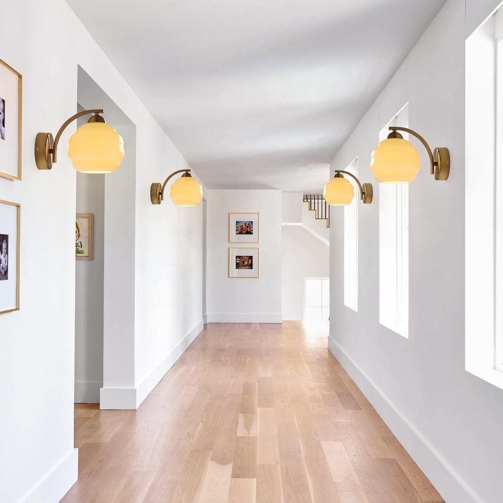 Vintage Brass Wall Sconces Set of Two Modern Brushed Gold Wall Light Fixtures Bathroom Vanity Sconce Lights with Yellow Glass Shade Wall Lamp for Living Room Bedroom Hallway MCL13GD-2 (2 Pack)