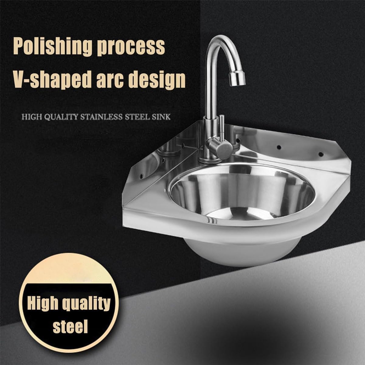 RV Sink,Wall Mounted Stainless Steel Corner Washbasin, Corner Kitchen Sink with Tap, Sink Drain Pipe, Ideal for RV, Boat, Bathroom, Kitchen, Toilet