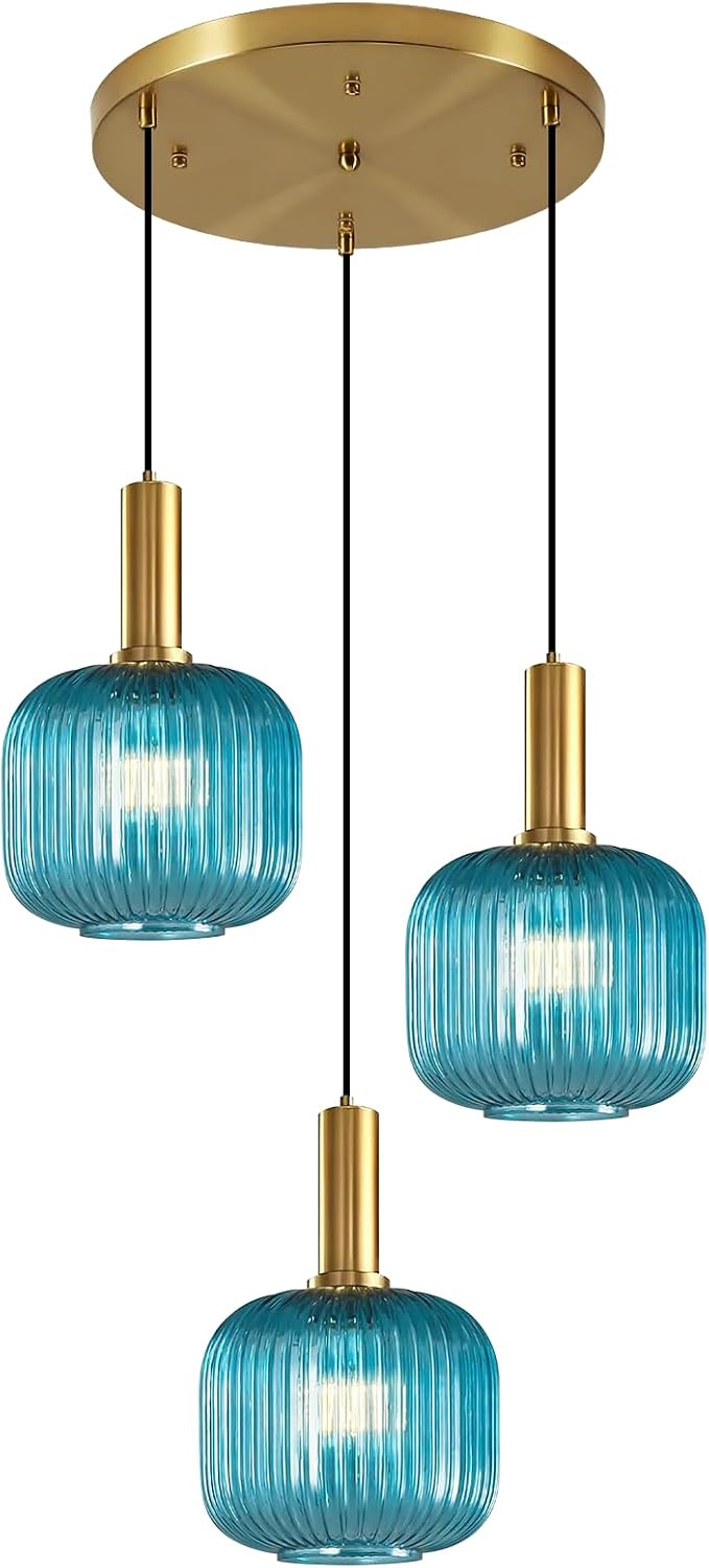 Blue Chandelier Lighting Modern Mid Century Ceiling Fixtures Lights 7.9' Glass Shade Globe Sputnik Hanging Light for Kitchen Island Dining Room, Foyer Lighting