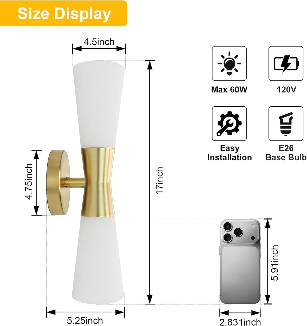 Wall Sconces Set of 2 for Bathroom, Modern Indoor Vanity Light Fixtures 17', Up Down Lighting, Wall Mount Lamp for Living Room Bedroom Hallway Stairway Fireplace Mirror E26 Base 2PC White&Gold