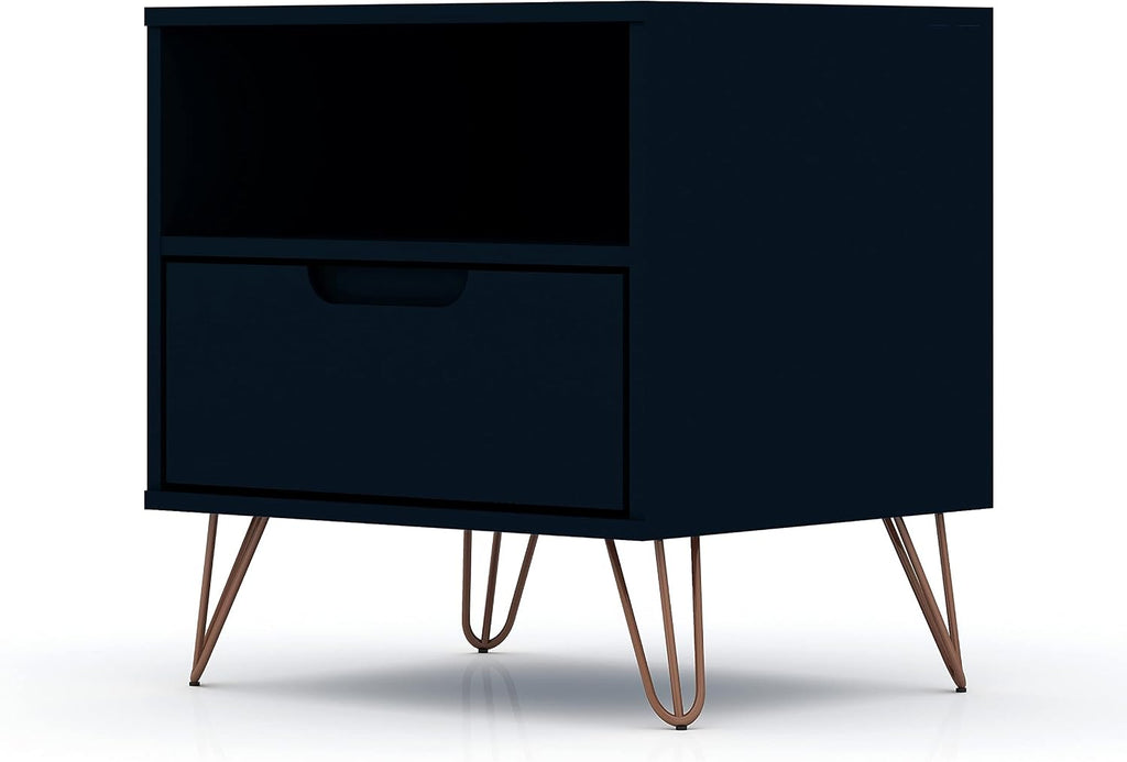 Manhattan Comfort Rockefeller Nightstands Set of 2 with Drawer and Cubby, Ideal for Bedroom and Living Room, Bedside Table with Mid Century Modern Design, Functional Storage Organizer, Blue