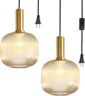 Amber Glass Plug in Pendant Light 2 Pack, Mid-Century Modern Gold Hanging Lamp, Ribbed Globe Hanging Light Plug in Swag Lights for Kitchen Island, Dining Room, Living Room, Bedroom