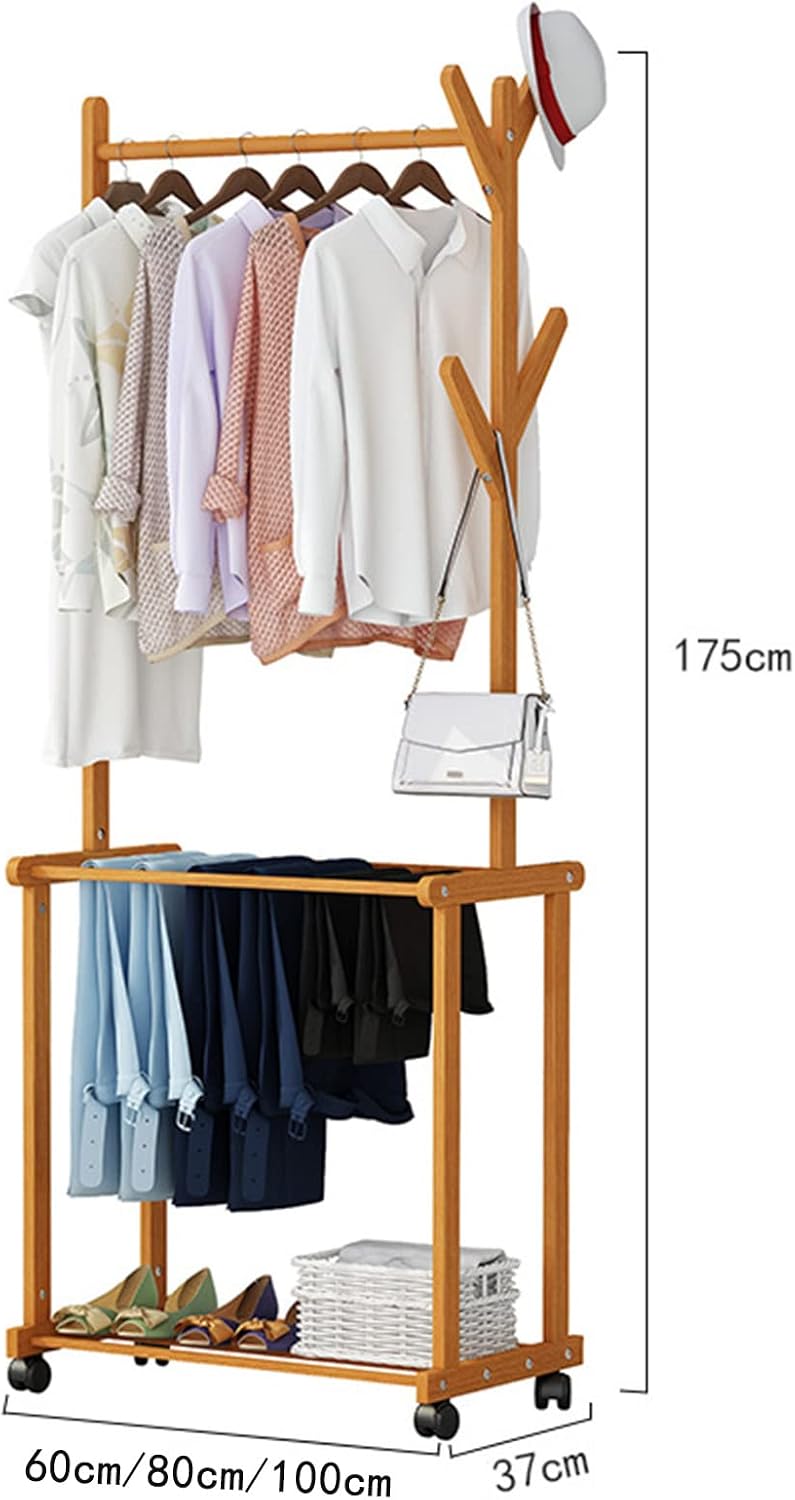 Bamboo Garment Rack, Laundry Clothes Drying Rack, Coat Clothes Hanging Heavy Duty Racks with Top Shelf and Shoe Clothing Storage Organizer Shelves for Bedroom (60cm)