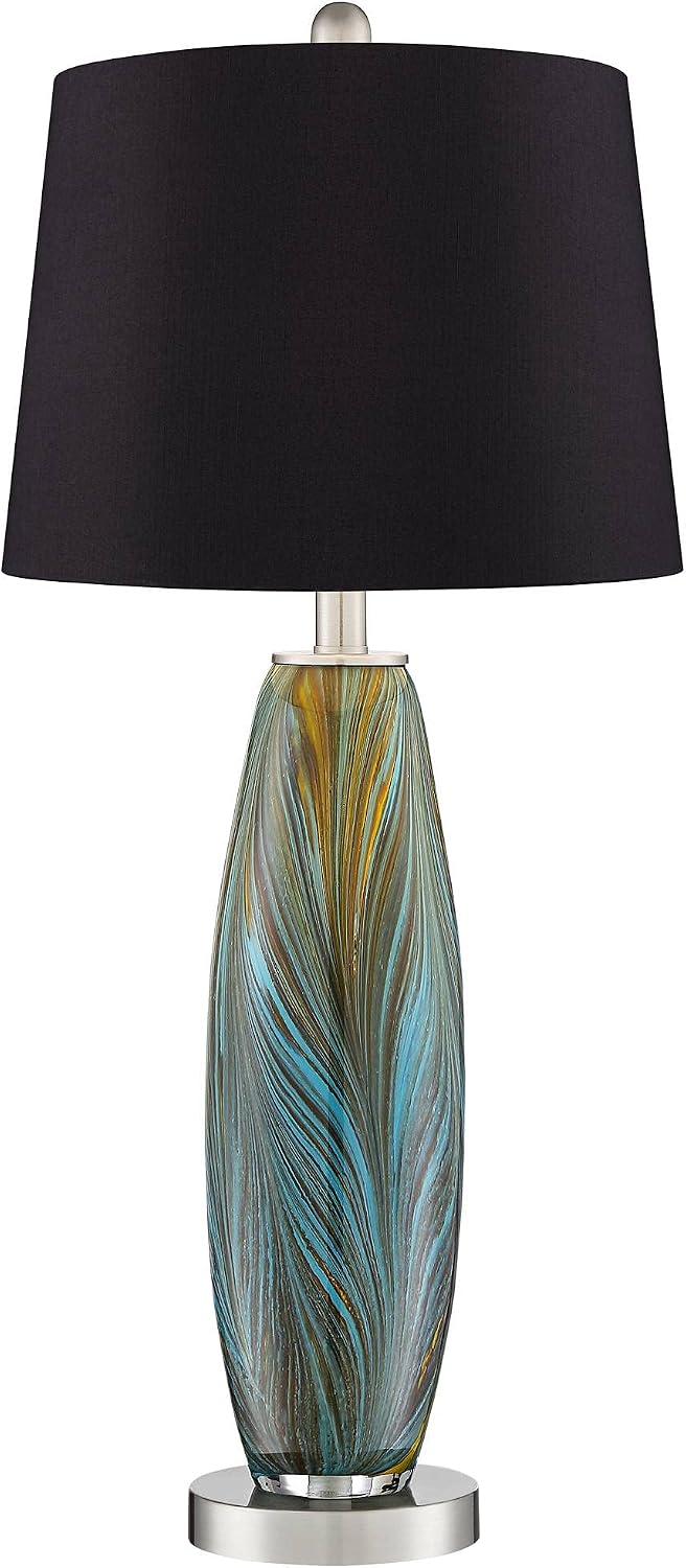 360 Lighting Azure Modern Table Lamps 26.75' High Set of 2 Blue Brown Art Glass Brushed Nickel Metal Black Fabric Drum Shade Decor for Living Room Bedroom House Bedside Nightstand Home