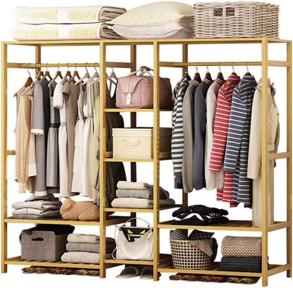 Freestanding Bamboo Wood Garment Rack, Corner Clothes Hanging Rack with 9 Tiers, 147 * 41 * 165cm, Space Saver