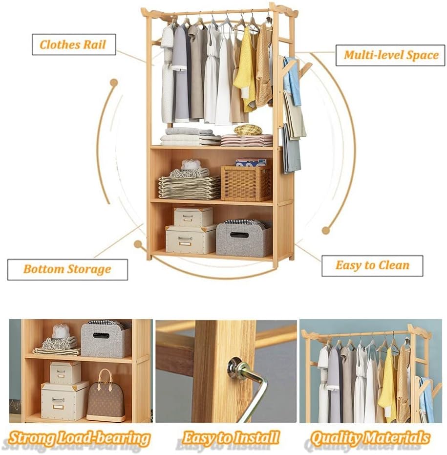 Minimalist Bamboo Garment Rack with Storage Shelf, for Hanging Clothes, for Entryway Bed Room, 90x30x167cm