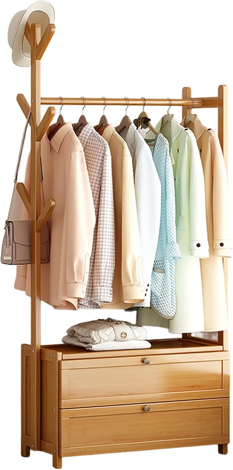 Wooden Clothes Rack, Clothing Rack with Shelf and Hook, Garment Rack with Shelves, with Storage Drawer, Garment Rack for Hanging Clothes,Coats,Skirts,Shoes,Bags,Easy to Assemble(Yellow,50x30x15
