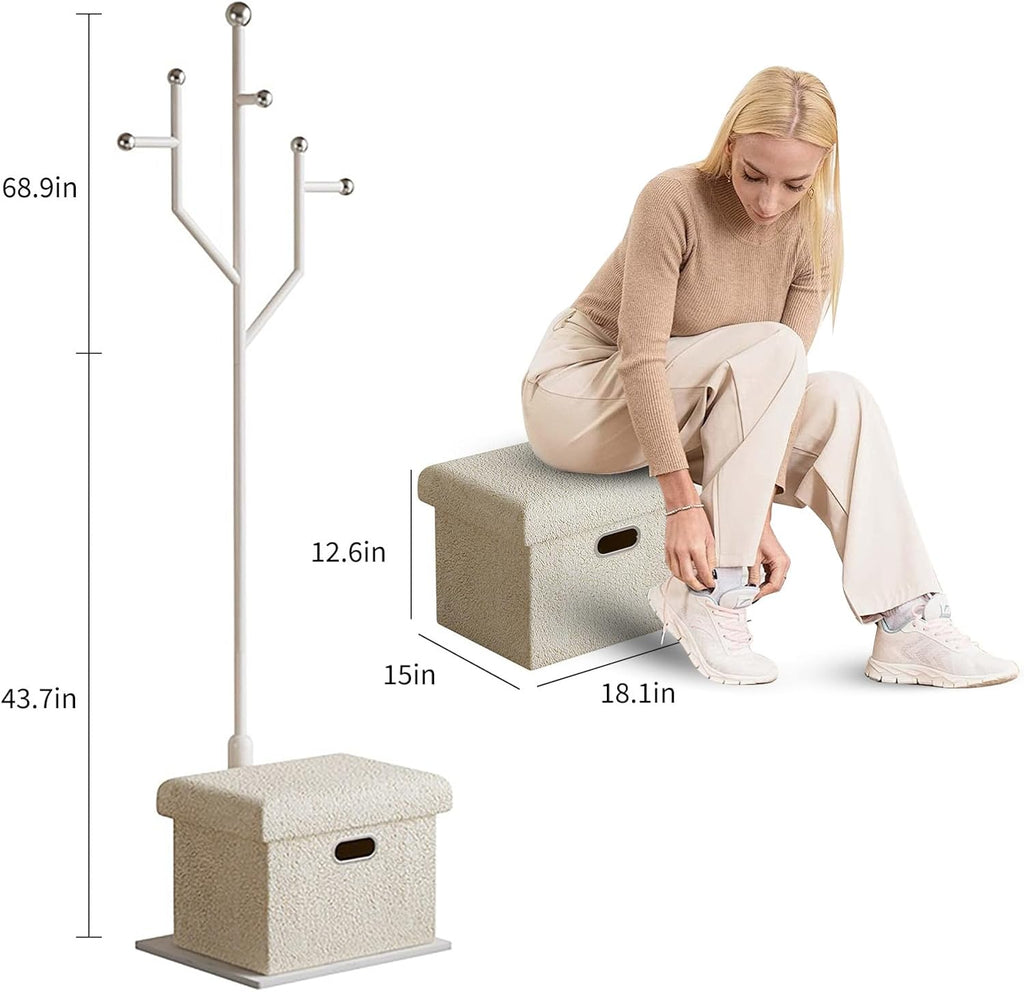 Ronsan Coat Rack Stand with Storage Box, Freestanding Metal Coat Tree with Natural Marble Base, 8-Hook Coat and Hat Rack for Entryway, Hallway, Bedroom and Office, White