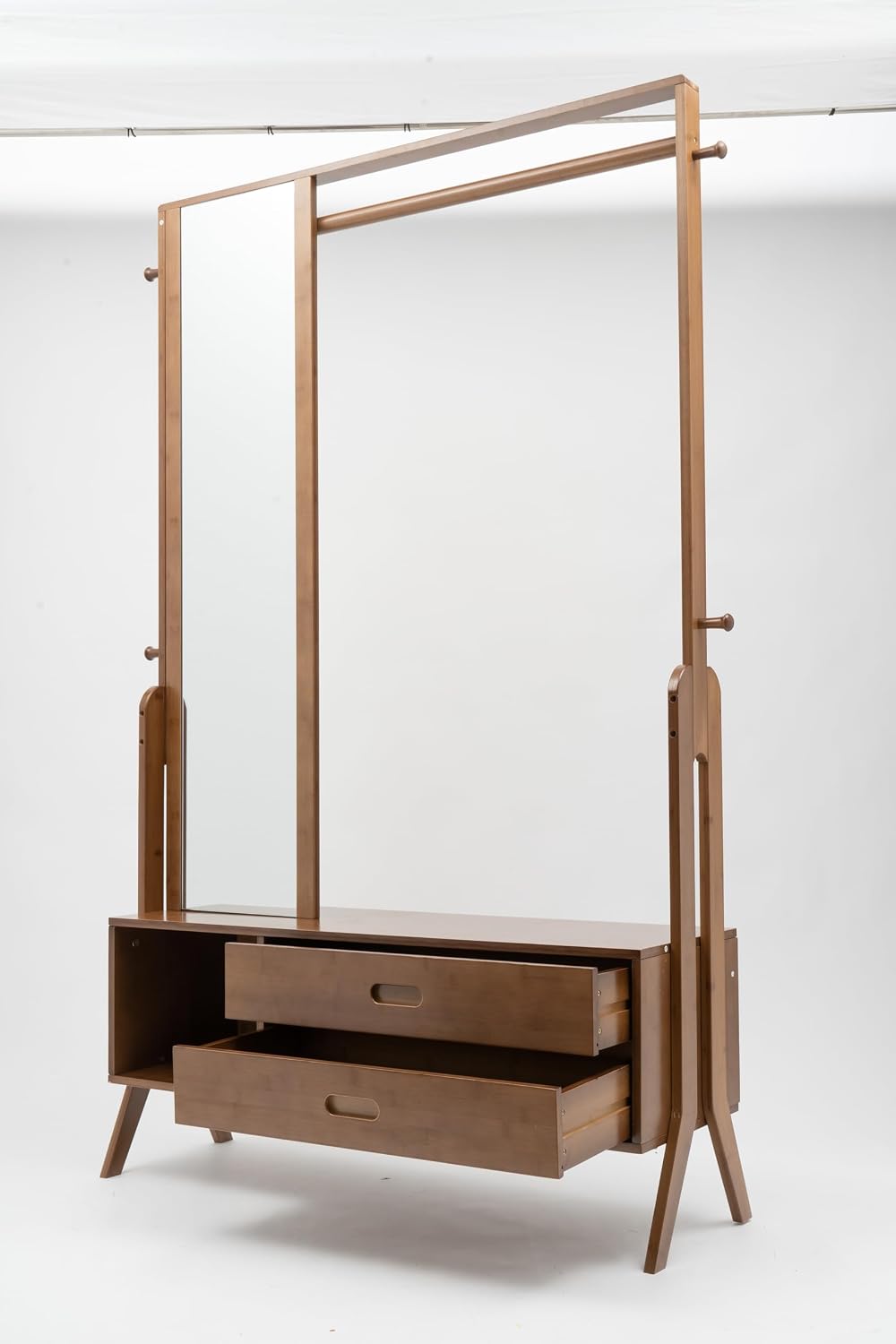 Bamboo Garment Rack with Full-Length Mirror, Multi-Functional Clothes Organizers with 2 Drawers & Hanging Rod, 220LBS Load, Freestanding Open Wardrobe for Hallway/Checkroom