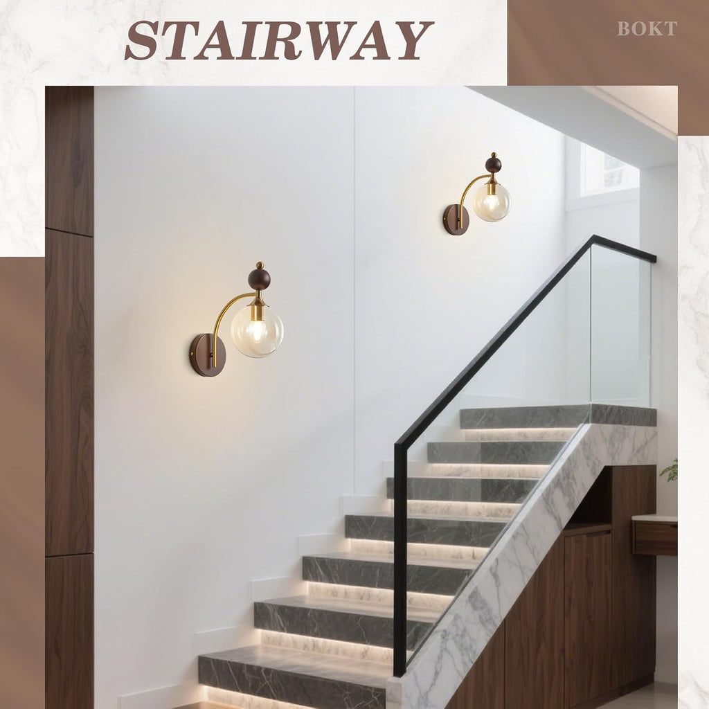 BOKT Brass Globe Gold Sconce Bedroom Wall Lamps Set of 2 Small Wall Lamp Modern Living Room Nordic Vanity Light Fixtures with Amber Glass 2-Light Bathroom Lighting Wall Sconces
