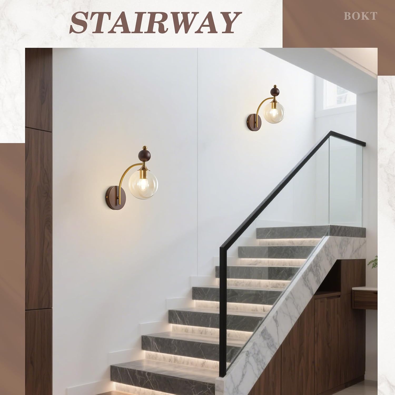 BOKT Brass Globe Gold Sconce Bedroom Wall Lamps Set of 2 Small Wall Lamp Modern Living Room Nordic Vanity Light Fixtures with Amber Glass 2-Light Bathroom Lighting Wall Sconces