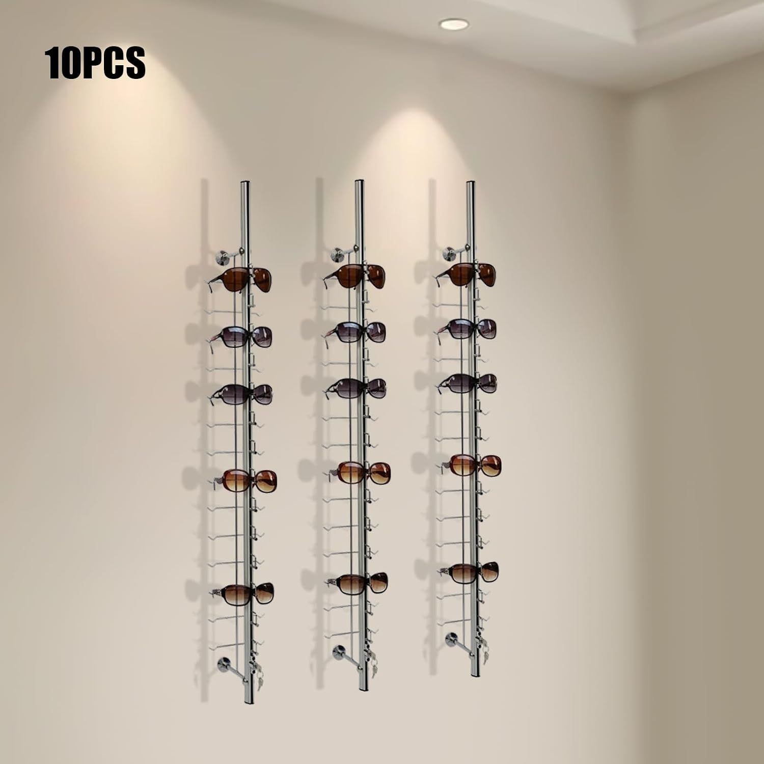 Sunglasses Rack Organizer, 10PCS Aluminum Wall Mount Eyeglasses Rack, Silver Sunglasses Rack Holder Eyeglasses Display Stand for Exhibition Display, Shop Display, Personal Storage (12 Pairs)