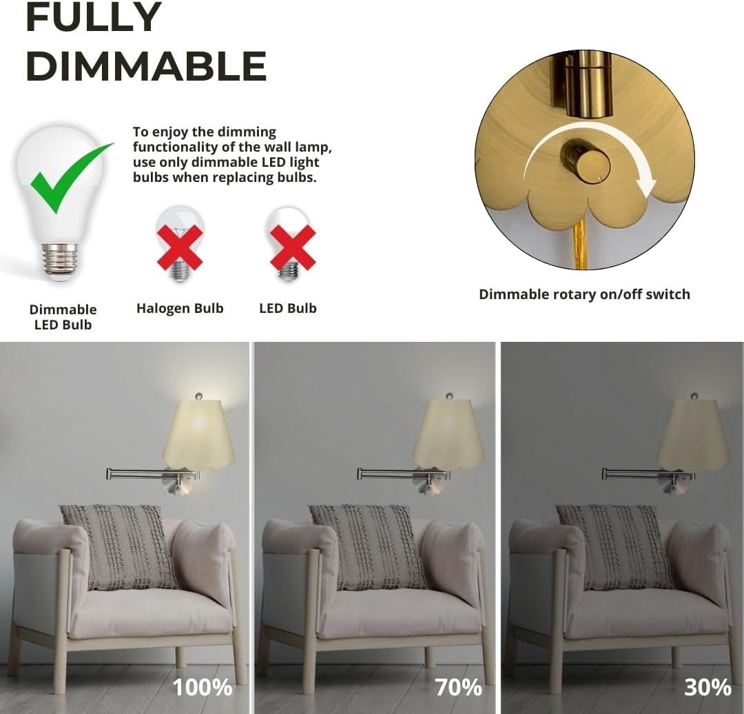 Royal Designs, Inc. Set of 2 Scalloped Swing-Arm Dimmable Wall Lamp - Brushed Satin Brass Lamp with Beige Scallop Hardback Lampshade