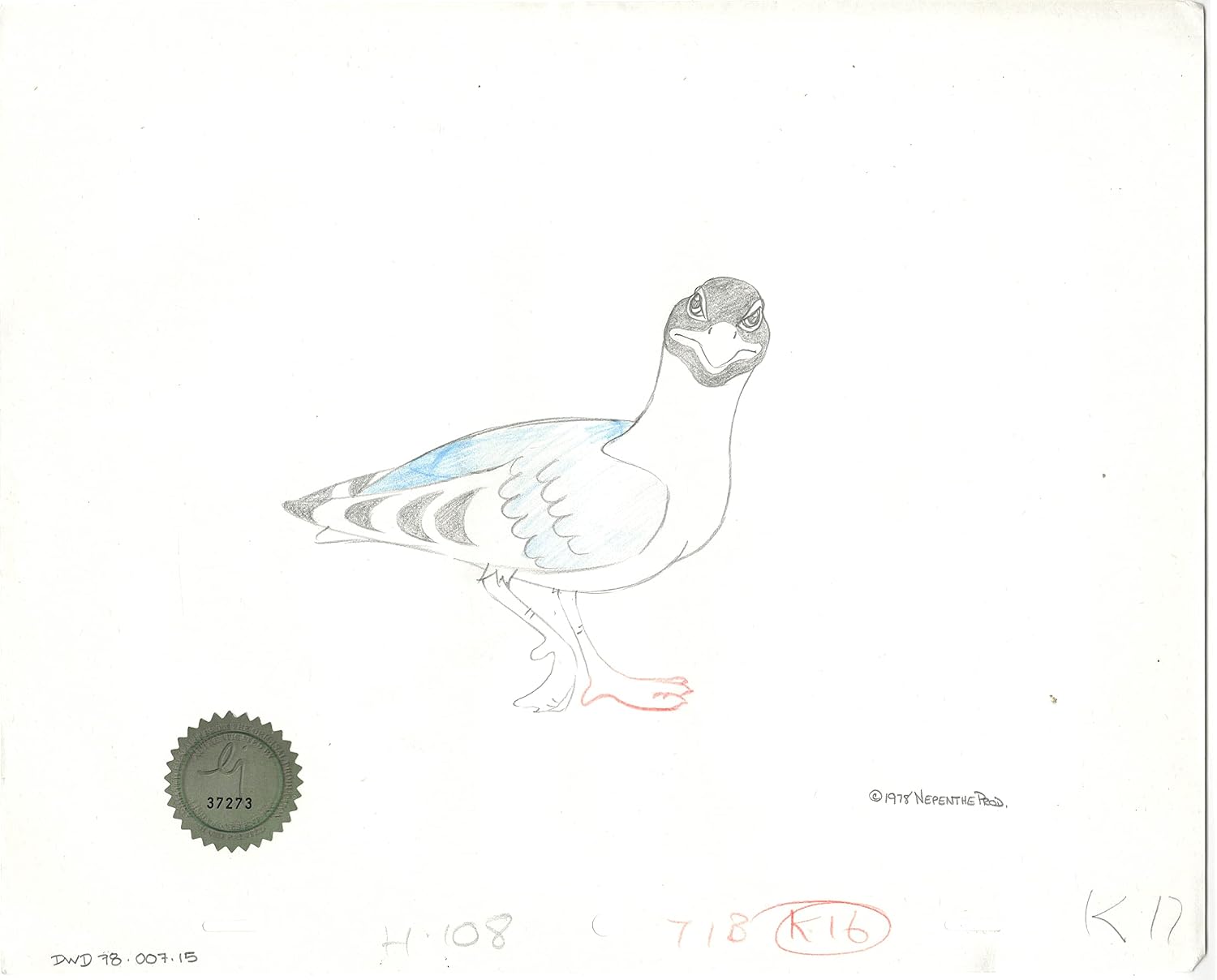 Watership Down 1978 Production Animation Cel Drawing of Kehaar with Linda Jones Seal and Certificate of Authenticity 007-015