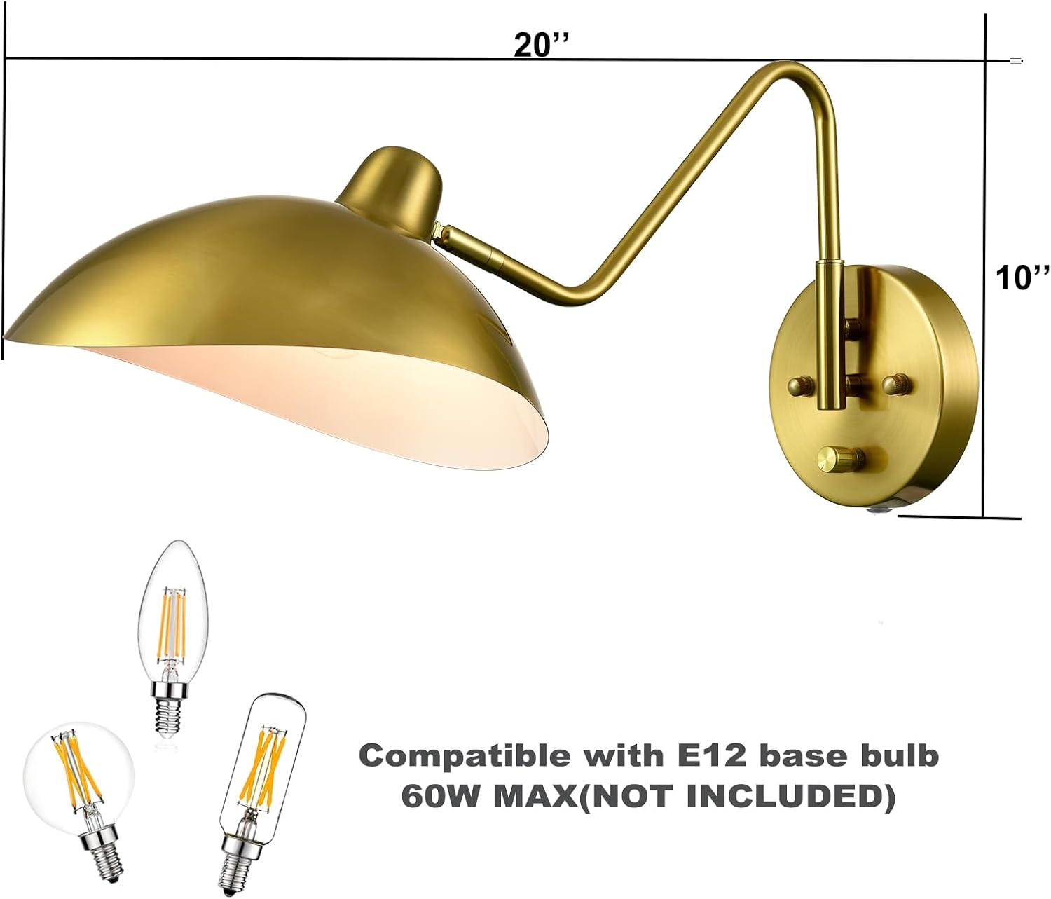 Plug-in Wall Sconce Gold Swing Arm Wall Sconce Brass Wall Lamp with on/Off Switch for Bedroom Set of 2