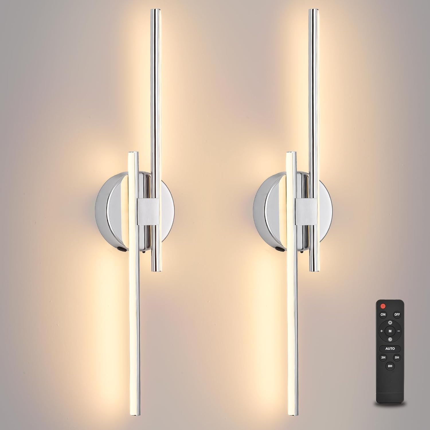 Rechargeable Battery Operated Wall Sconce Set Of Two, Chrome Wireless LED Wall Sconces With Remote Control, Dimmable 3 Colors Cordless wall lights for Living Room, bedroom, Hallway, 23.6 Inch ( 2pcs)