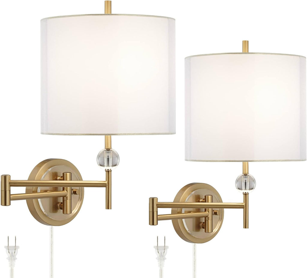 Possini Euro Design Kohle Modern Swing Arm Wall Lamps Set of 2 Polished Brass Plug-in Light Fixture Sheer White Double Drum Fabric Shade for Bedroom Bedside Reading Living Room Home Hallway Dining