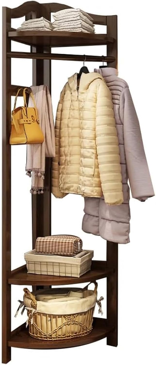 Bamboo Clothing Rack Corner Coat Rack with Hooks Stand Hall Trees Adjustable Storage Space Clothes Hanging Rail Garment Rack Anti-Tip Movable Clothing Display Rack for Bedroom Entryway