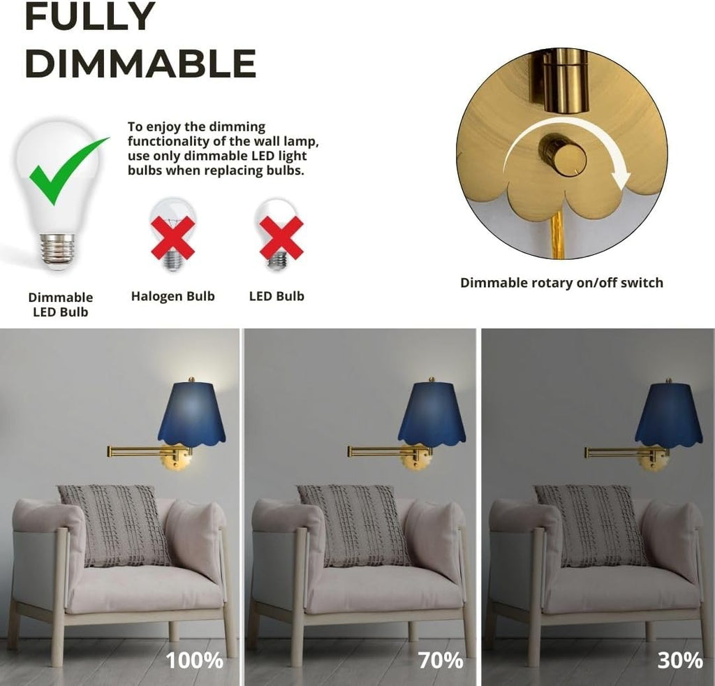 Royal Designs, Inc. Set of 2 Scalloped Swing-Arm Dimmable Wall Lamp - Brushed Satin Brass Lamp with Navy Blue Scallop Hardback Lampshade