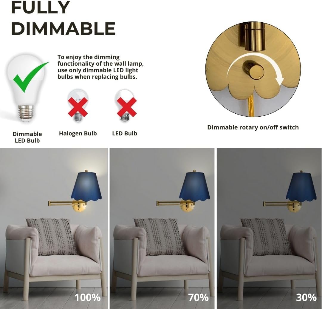 Royal Designs, Inc. Set of 2 Scalloped Swing-Arm Dimmable Wall Lamp - Brushed Satin Brass Lamp with Navy Blue Scallop Hardback Lampshade
