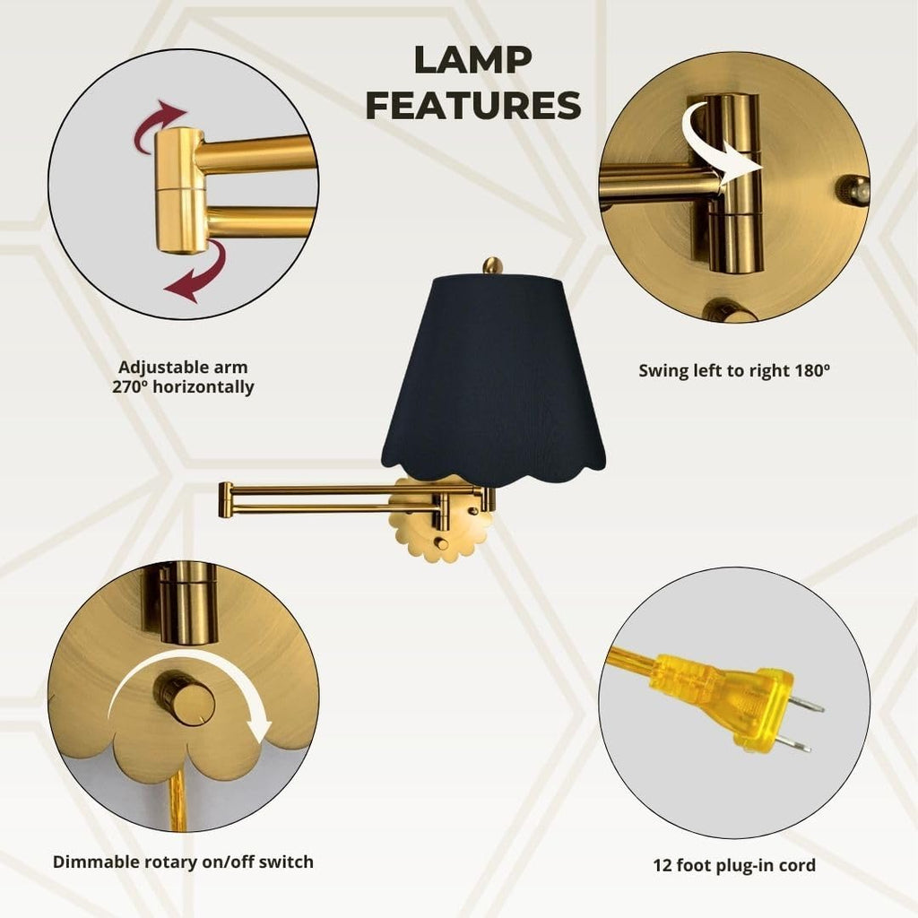 Royal Designs, Inc. Set of 2 Scalloped Swing-Arm Dimmable Wall Lamp - Brushed Satin Brass Lamp with Black Scallop Hardback Lampshade