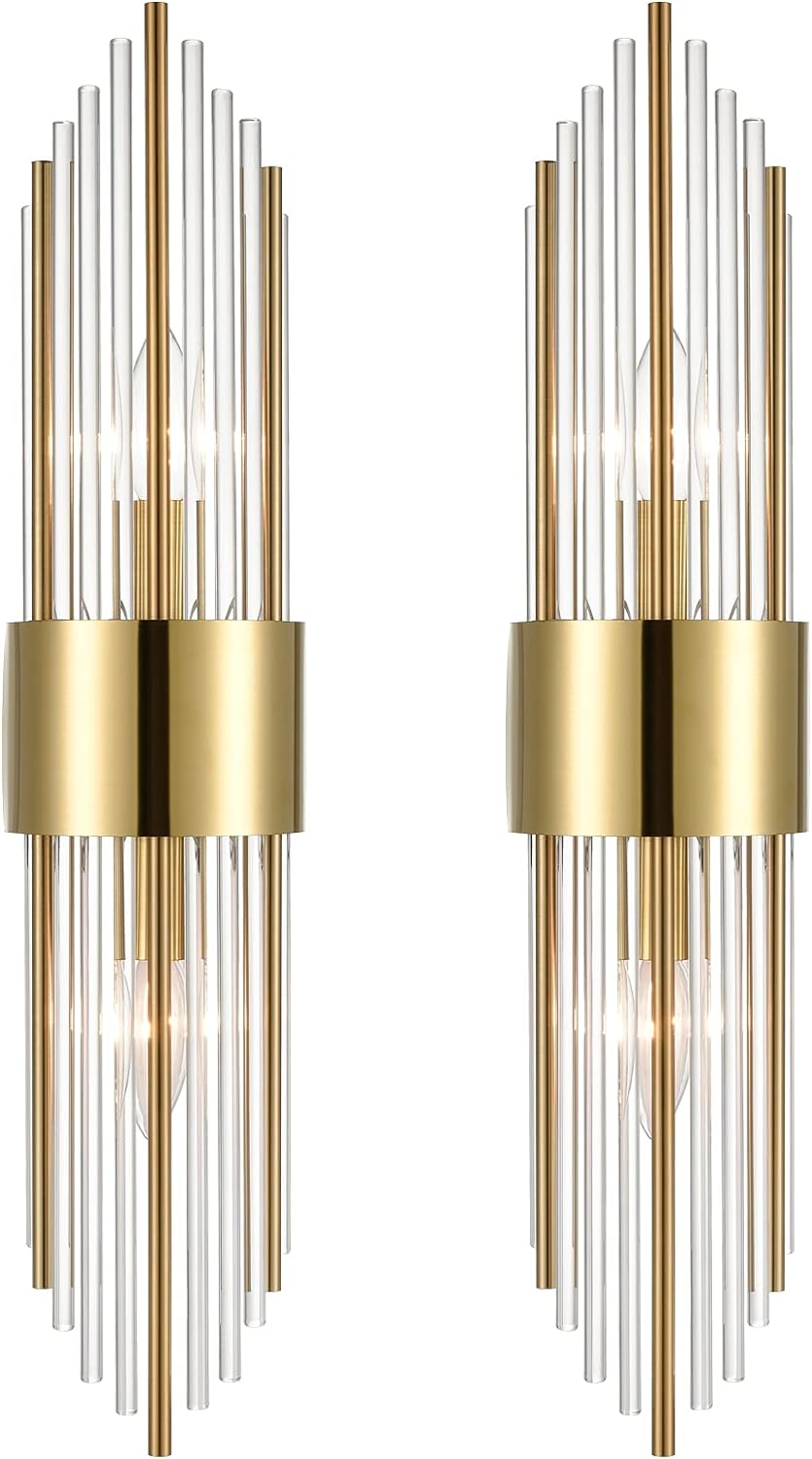 2-Light Modern Brushed Titanium Gold Wall Sconce with Clear Glass Crystal Luxury Wall Light Fixtures for Bedroom Living Room Bathroom Vanity Mirror Light Fixtures Set of 2
