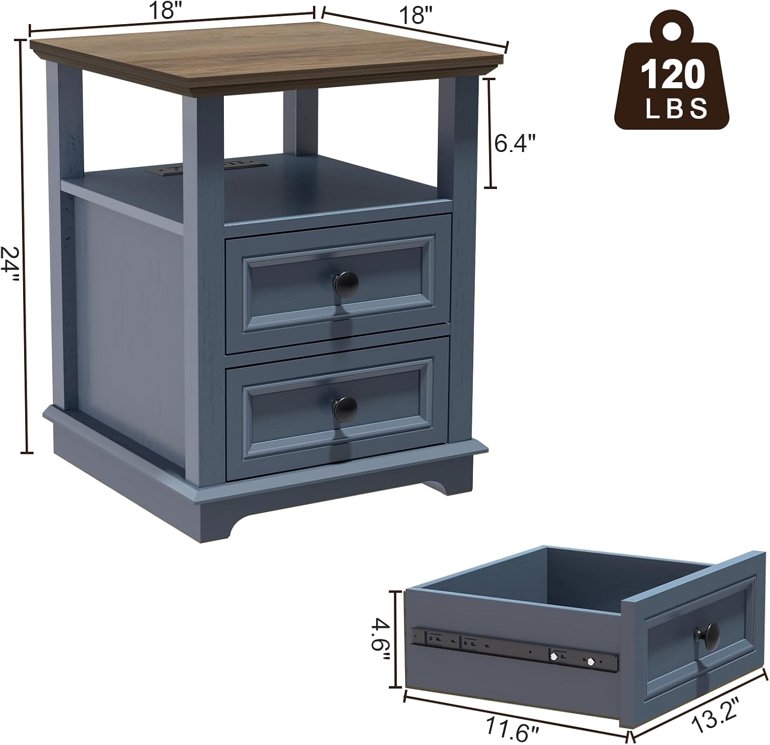 REDAYFUR 24' Tall Nightstand with Charging Station Set of 2, Fast Charge End Table Set of 2, Large 18' Bedside Table with Drawers, Storage Cabinet with Open Shelf for Bedroom, Blue