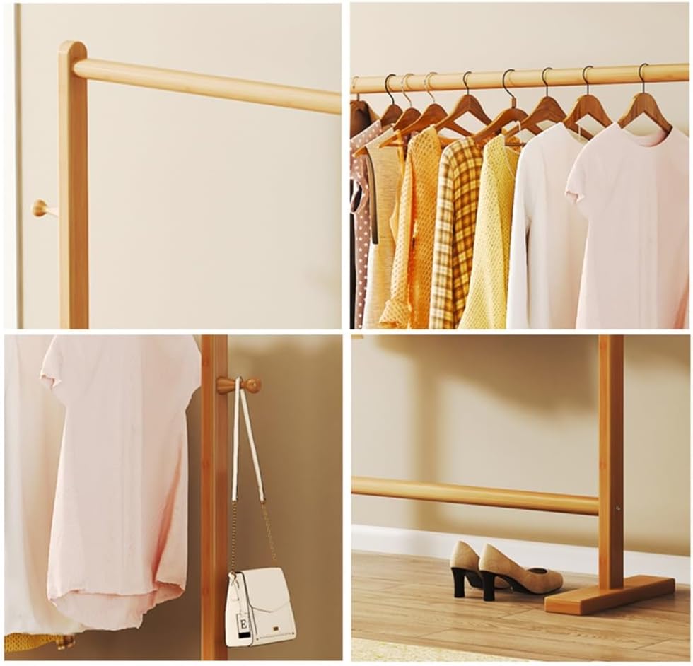 Bamboo Clothing Garment Rack with Side Hooks, Freestanding Clothes Rail for Hanging Clothes, Clothes Organizer for Bedroom, Laundry Room (Color : Natural, Size : 60x40x162cm)