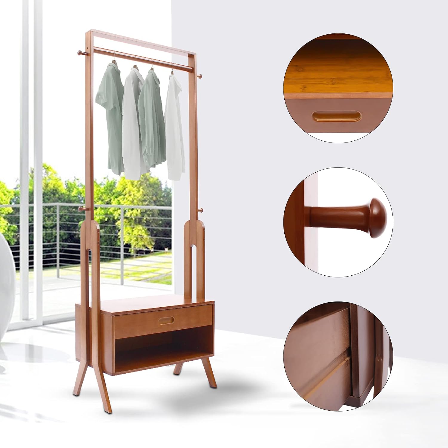 TFCFL Heavy Duty Garment Rack 2-in-1Nan Bamboo Clothes Rack Multi-Purpose Coat Rack with a Hanging Rod, Storage Cabinet and 4 Hooks for Living Room, Bedroom