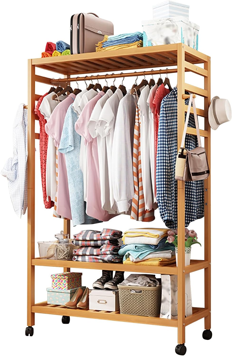 Bamboo Garment Rack Clothes Shelf Shoes Storage with 4 Hooks, Top Rod, 3 Storage Shelves, Wheels, Rolling Clothes Rack for Hanging Clothes, Clothing Racks Storage Organizer