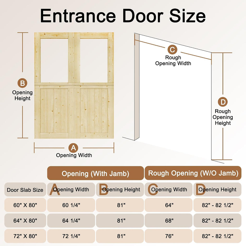 60x80(Double 30') Dutch Door Slab - 1.75' Thick Solid Pine Wood, 1-Lite Tempered Clear Glass Split Door for Interior Exterior Porch Backyard Entrance(8 Hinged + 2 Latch + 2 Slab)