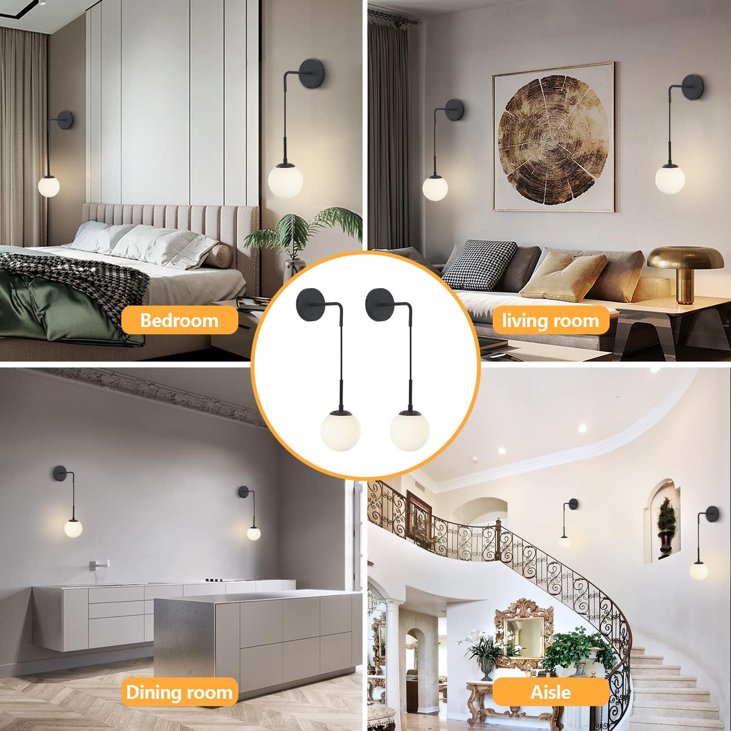 KCO Lighting Frosted White Glass Wall Sconce Set of Two Black Globe Ball Wall Light Adjustable Cord Industrial Vanity Wall Lamp for Bathroom Mirror Bedside Stairs (White)