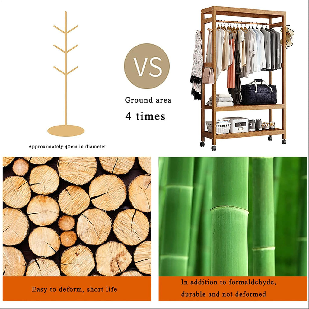 Garment Rack with 2 Tier Storage Shelves,Hanging Rack Bamboo Garment Rack,with Wheels,for Clothes, Shirts, Bags, Scarves, Pants, Shoes, Storage Boxes