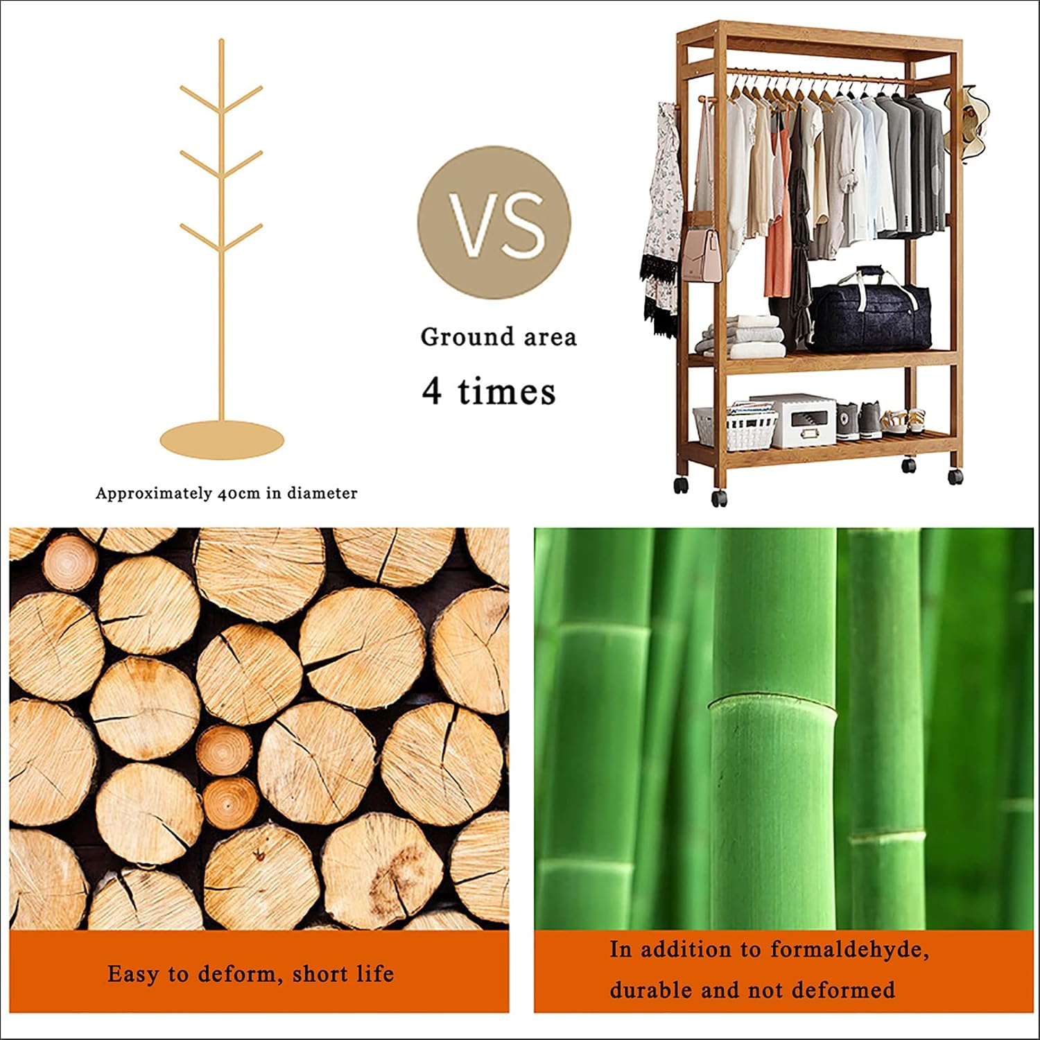 Garment Rack with 2 Tier Storage Shelves,Hanging Rack Bamboo Garment Rack,with Wheels,for Clothes, Shirts, Bags, Scarves, Pants, Shoes, Storage Boxes