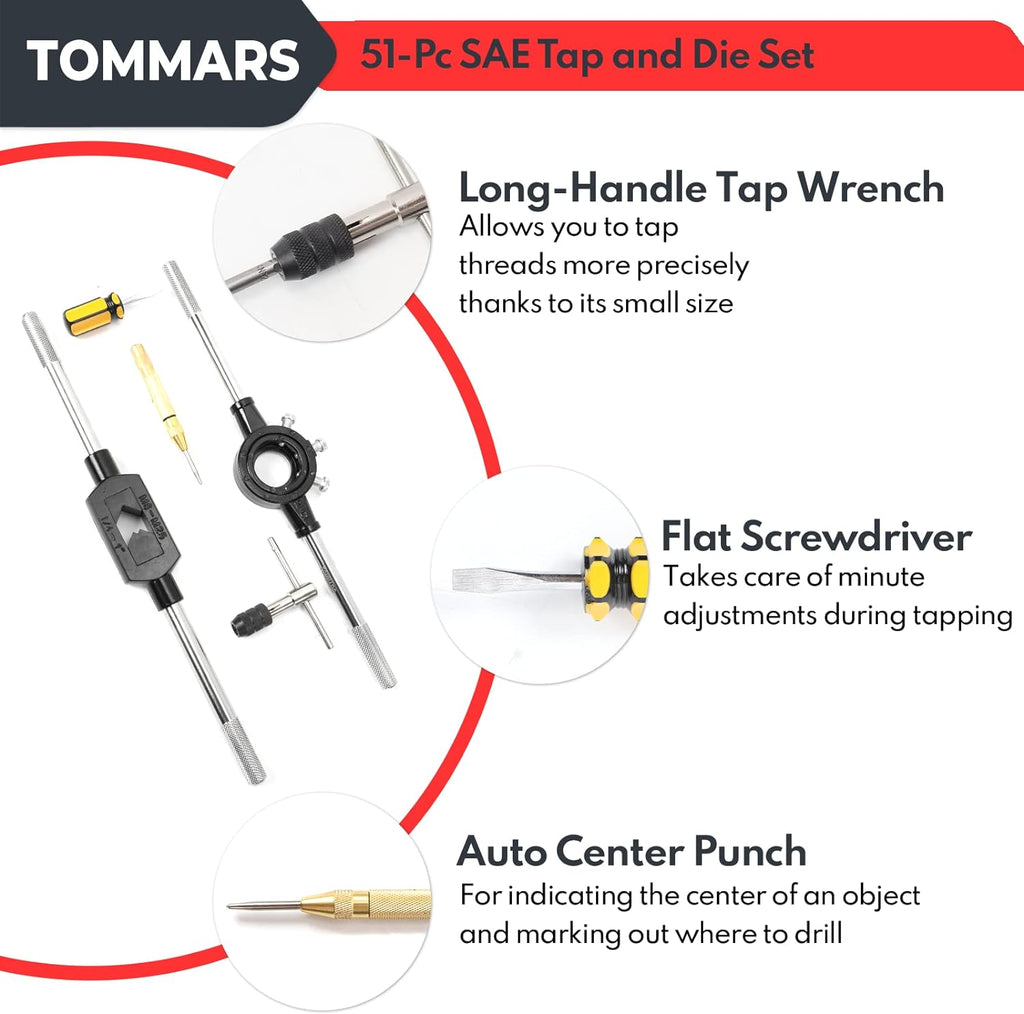 TOMMARS 51-Pc M6 to M24 Jumbo Tap and Die Set Metric Round Threading Dies & 51-Pc 1/4-20 to 1-14 Jumbo Tap and Die Set SAE Round Threading Dies