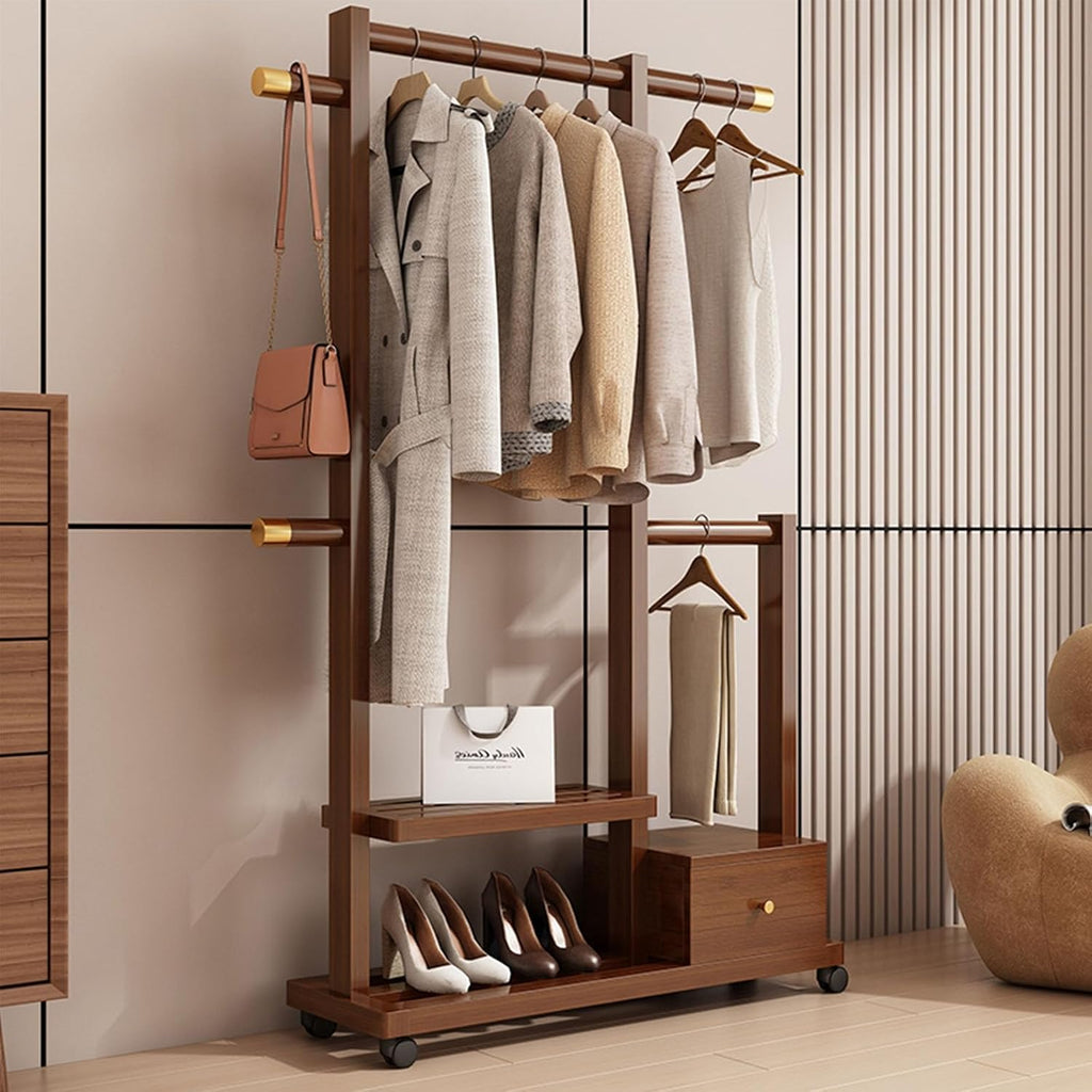 Clothes Organizer Stand On Wheels,entryway Coat Rack With Storage,Garment Racks For Hanging Clothes,bamboo Rolling Garment Rack,Multifunction Entry-way Coat Racks Stand For Bedroom Entryway(Color:Brow