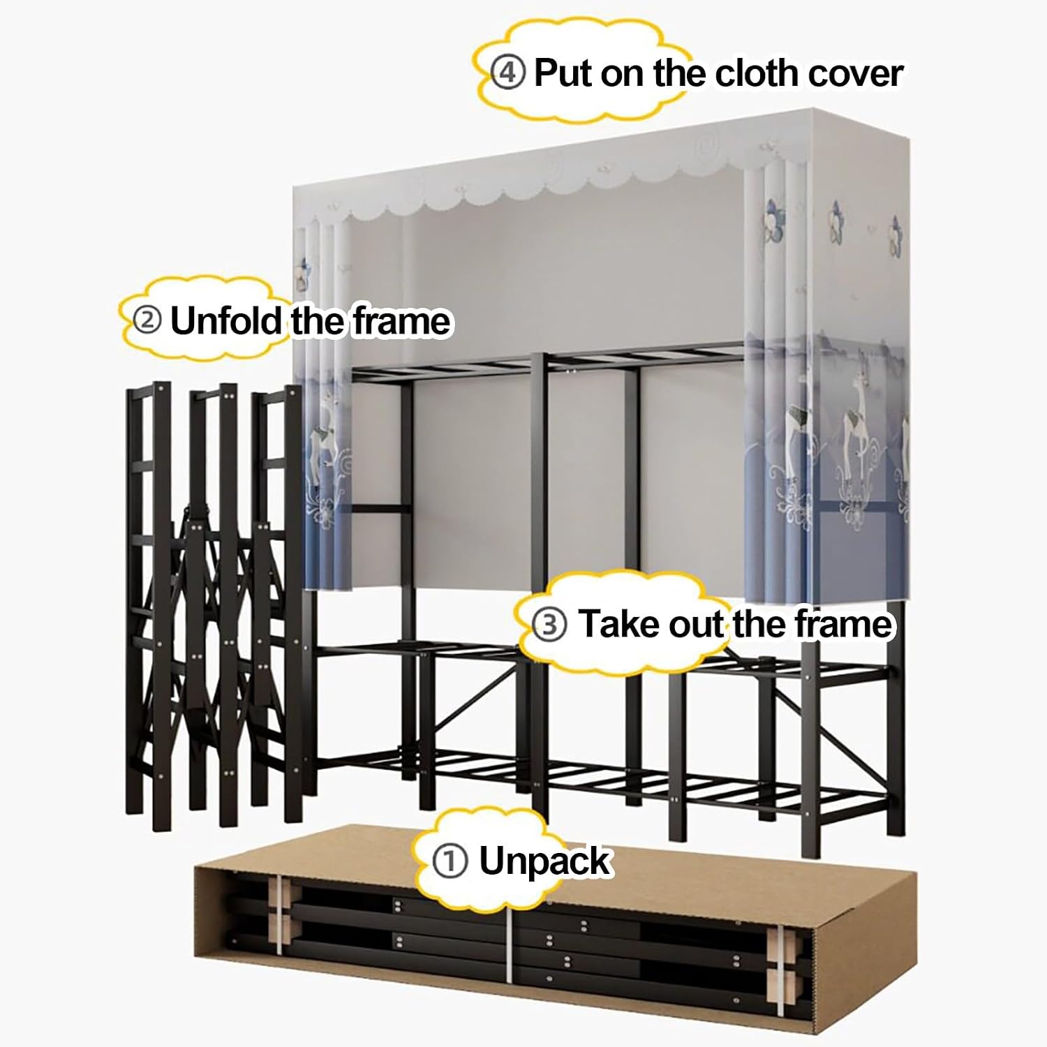 Foldable Closet Wardrobe With Cover, Heavy Duty Garment Racks For Hanging Clothes, Metal Covered Clothing Rack, Coat Armoire Storage For Bedroom(A,110X50X170cm)