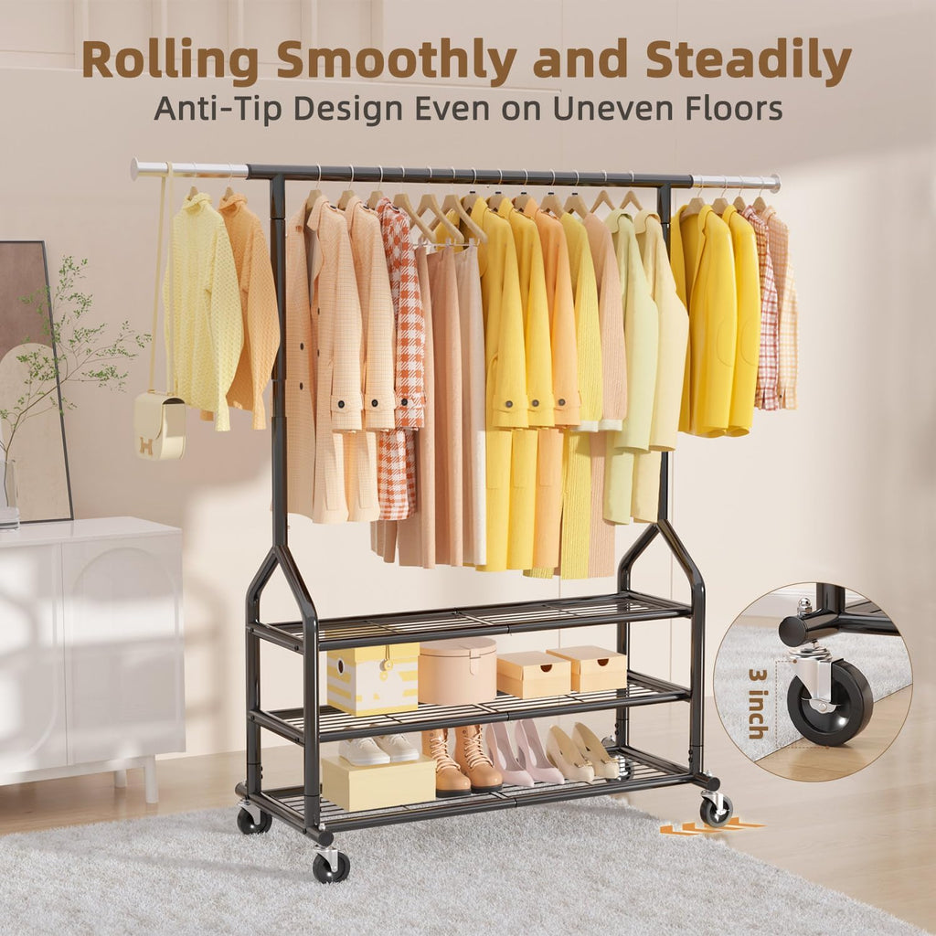 EAGMAK Heavy Duty Clothes Rack Load 556 LBS, Rolling Clothing Rack With 3 Shelves, Adjustable Metal Clothes Hanger with Wheels, Portable Wardrobe Organizer Garment Rod for Hanging Clothes (Black)